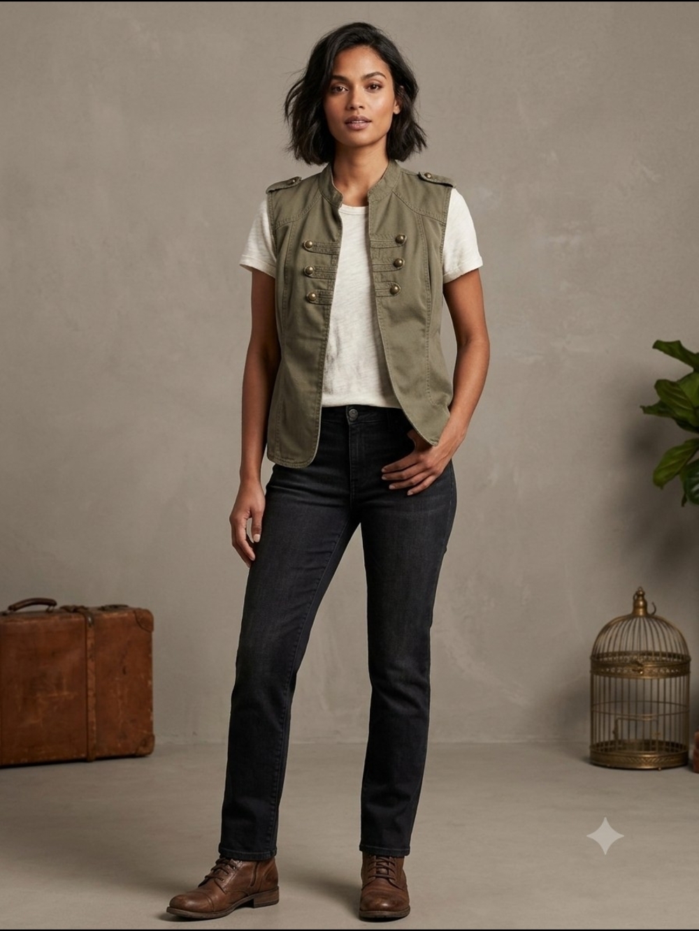 Sanctuary Olive Green Military-Style Sleeveless Vest With Buttons Womens XL